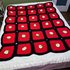 vintage handmade afgan throw blanket Black With Red Roses 68” X 55” Roses 3D